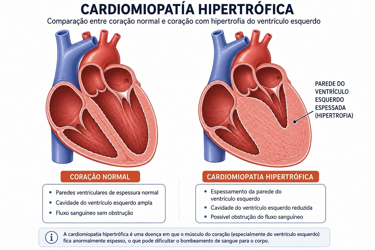 Cardiomiopatia Hipertrófica - Comparação entre um coração normal e um com cardiopatia hipertrófica